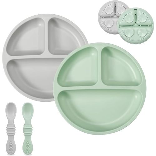 PandaEar Silicone Baby Feeding Set| 2 Pack Silicone Divided Suction Plate with 2 Pack Spoons | Baby Led Weaning Supplies Self Feeding Eating Utensils (Green/Grey)