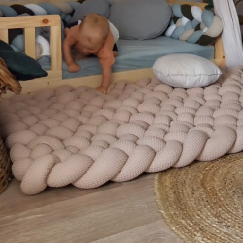 Wonder Space Knotted Braided Plush Mat, Baby Infant Newborn Sleeping Tummy Time Playing Nursery Rug Knot Floor Cushion, Handmade Pure Soft Fabric, Fashion Cute Toddler Children Room Decor, Beige