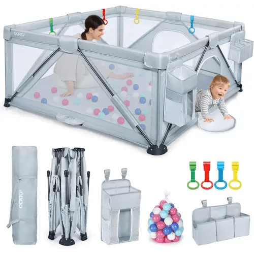 Baby Playpen: Foldable Playpen for Babies and Toddlers Large Play Pen Portable Playpen Fence Indoor Outdoor Kids Safety Area Travel Play Yard with 2 Storage Bags 4 Handlers 50 Balls (59" × 59")