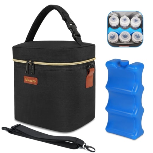 Mancro Breastmilk Cooler Bag with Ice Pack, Fits 6 Baby Bottles Up to 9 Ounce Insulated Baby Bottle Bag, Breast Milk Cooler on The go with Strap, Bottle Storage Bag for Nursing Mom Daycare, Black