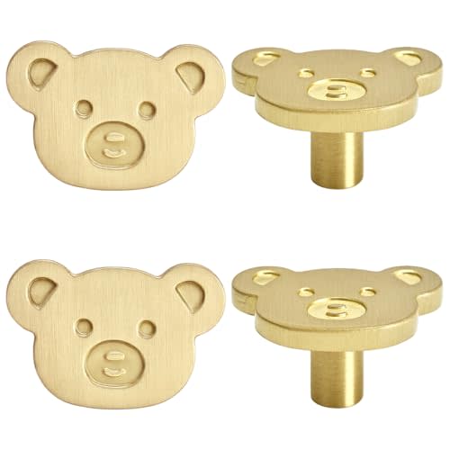 4 Pcs Bear Cabinet Knobs, Brass Dresser Knobs Handle Cartoon Cabinet Door Knobs Hardware Closet Cupboard Knobs for Cabinets, Dresser, Desk Drawers, Bookcases