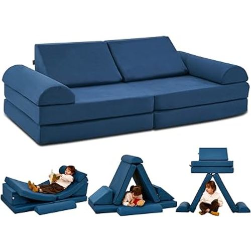 jela Kids Couch Large, Floor Sofa Modular Funiture for Kids Adults, Playhouse Play Set for Toddlers Babies, Modular Foam Play Couch Indoor Outdoor (57"x28"x18", Navy Blue)