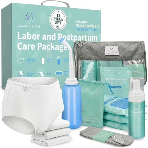 Mama & Wish® Postpartum Essentials Kit (14-Piece) - Includes Hospital Post Partum Essentials for Women After Birth, Labor and Delivery Gown, Peri Bottle, Witch Hazel Foam, Pad Liners & More!