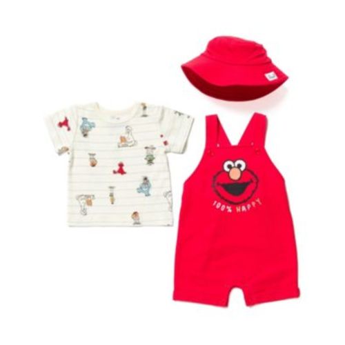 Try Baby Boys Sesame Street Elmo French Terry Short Overalls T-Shirt and Hat 3 Piece Outfit Set Newborn to