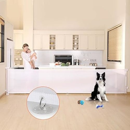 150 Inches Extra Wide Retractable Baby Gates, Baby Gates for Large Openings, Stairs, Hallways and Doorways, Dog Gates for The House Extra Large, Pet Gates for Dogs, Indoor/Outdoor Use, White