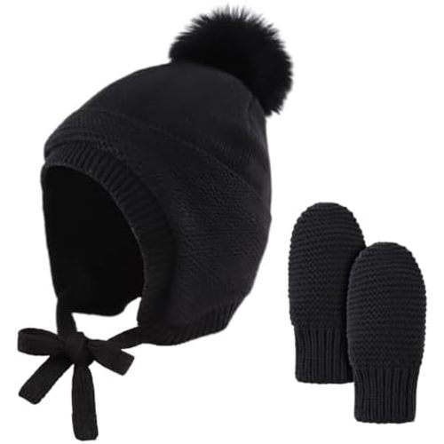Basic Winter Baby Beanie Gloves Boys Girls Knitted Hat Pompom Kids Earflap Hats Warm Infant Toddler Beanie Mittens Set
