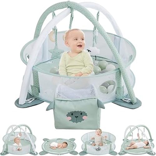 Beright 5-in-1 Baby Gym & Play Mat,Play Gym & Ball Pit with Sensory Toys for Newborn Infant Toddler to Develop Motor&Cognition, Balls Included