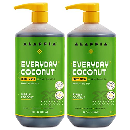 Alaffia Sensitive Skin Body Wash Pack, Everyday Coconut Body Wash for Men & Women, Natural Body Wash with Plant Based Ingredients, Coconut Oil, Coffee, Vitamin E, Purely Coconut (2 Pack-32 Fl Oz Ea)