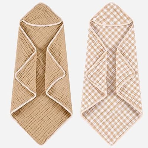 Hahafelt 2 Pcs Brown Checkered Baby Hooded Towels for Newborn 100% Muslin Cotton Baby Bath Towel with Hood for Babies Infant Toddler and Kids Large 32x32inch Soft Absorbent Kids Essential Gift
