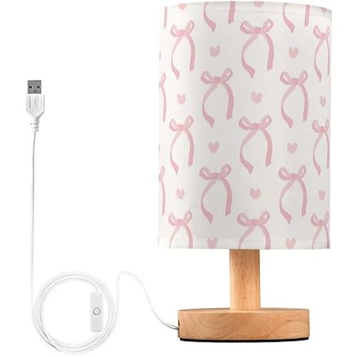 Wusikd Cute Pink Table Lamp Ribbon Bow LED Desk Light USB Nightstand Lamp with Non Slip Wood Base & Eye-Friendily Lampshade for Living Room Bedroom Dorm Home Office Desk Decor
