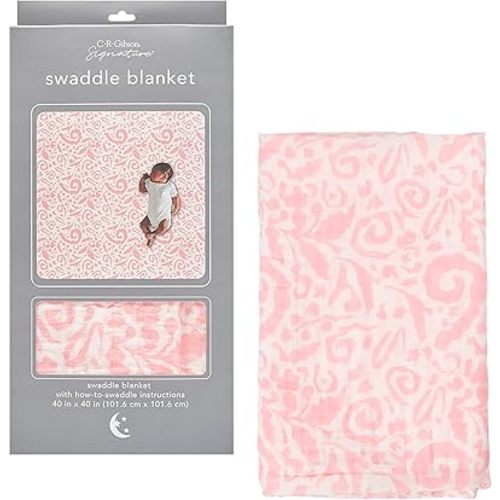 C.R. Gibson BLAN-24244 Pink Paisley 100% Cotton Muslin Swaddle Blanket for Newborns, 40" W x 40" L, Pink