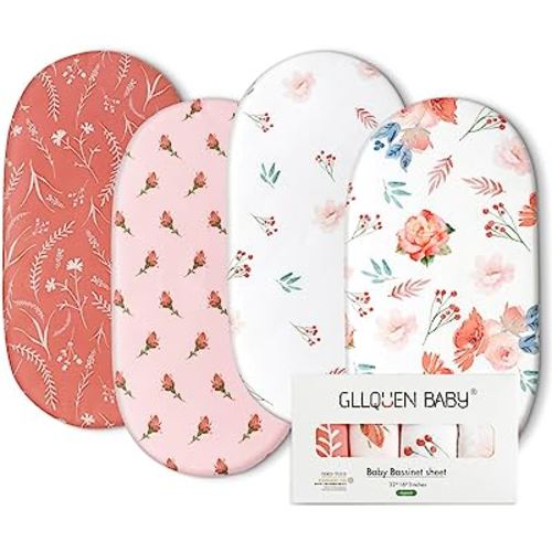 Gllquen Baby Bassinet Sheets 4 Pack, Breathable Cozy Fitted Mattress Sheet, Elastic Travel Crib Fashionable Floral Pattern, Standard Cradle Safe Sheets for Baby Boy Girls 32"X16" (Flower)