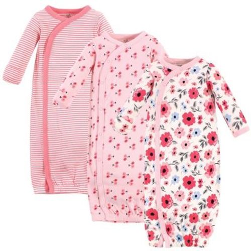 Touched By Nature Baby Girl Organic Cotton Side-closure Snap Long-sleeve Gowns 3pk, Coral Garden, 0-6 Months
