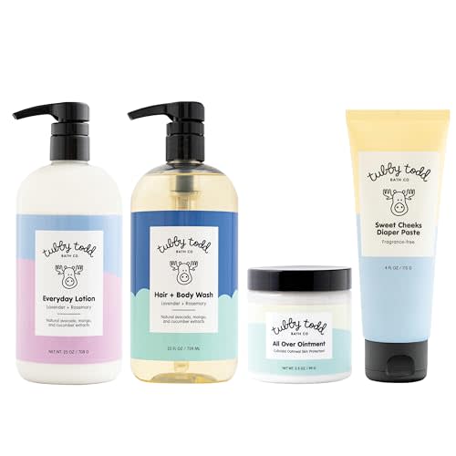 Tubby Todd Bath & Skincare Kit - The Baby Bundle - Shampoo, Body Wash, Everyday Lotion 25 Oz, All Over Ointment 3.5 Oz & Diaper Paste Cream 7.9 Oz Gift Set - Lavender Rosemary