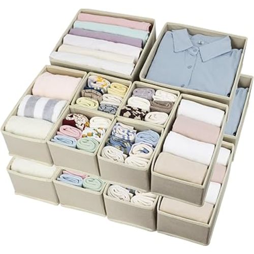 16 Pcs Drawer Organizer,Fabric Closet Organizer and Storage Baskets,Foldable Drawer Divider for Clothing,Sock,Ties,Underwear Drawer Organizers,Cabinet Storage Boxes (Beige)