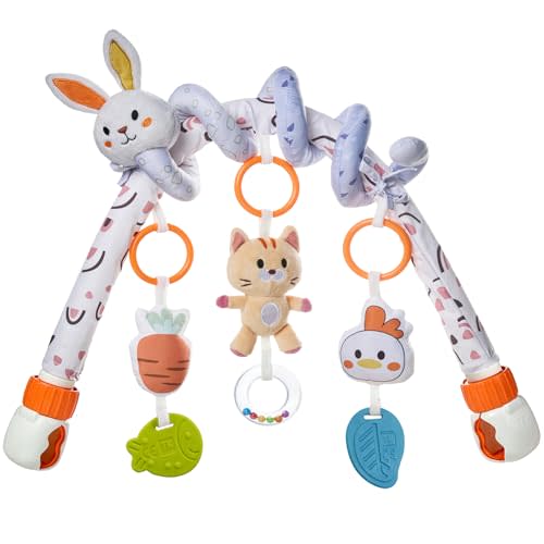 TUMAMA 2 in 1 Spiral Car Seat Toys for Babies 6-12 Months, Arch Stroller Toys for Infant 0-12 Months Hanging Toys with Clip Bouncer Bassinet Activity Toy