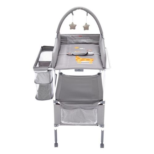 VEVOR Baby Changing Table, Foldable Diaper Change Station with 2 Fabric Drawers,Side Basket & Hanging Rod,Lockable Wheels & 2 Star Toys,Light Gray