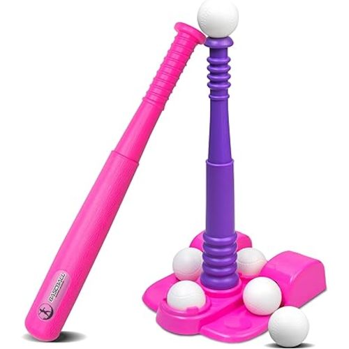 T ball Stand for Girls 3-5, 5-8. Baseball Set Includes 6 Large Balls, an Adjustable Tball Batting Tee, and a Storage Net. Kids Bat and Ball, T-ball sets for kids