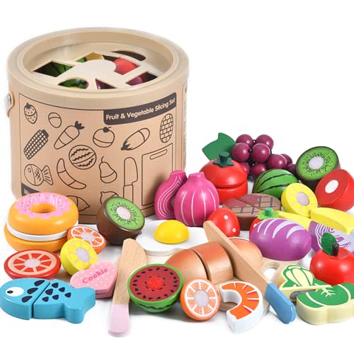 WHOHOLL Wooden Play Food for Kids Play Kitchen Accessories Playset with Basket, Pretend Cutting Food Montessori Toys for 3 4 5 6 Year Old, Velcro Vegetables Fruits Toys Gifts for Fine Motor Skills