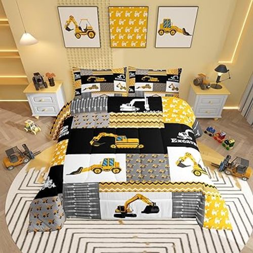 Excavator Comforter Construction Vehicles Comforter Set Equipment Trucks Bedding Set for Children Kids Boys Girls Cartoon Car Duvet Set Geometric Lattice Room Decor Quilt Set Full Size Yellow