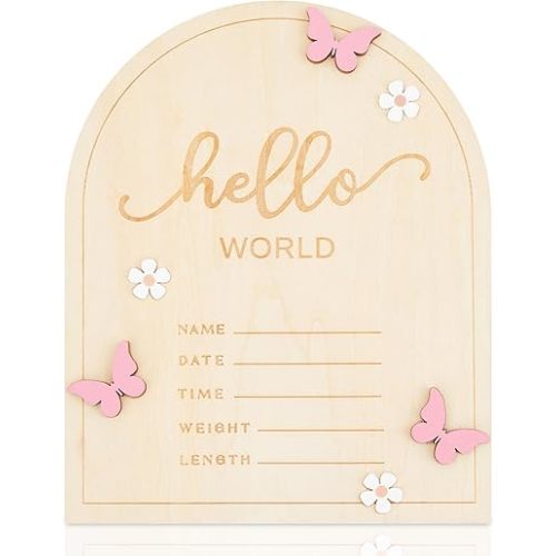 Hello World Baby Announcement Sign Newborn Welcome Name Board – 5.9"x4.7" Door-Shaped Birth Stat Plaque with 3D Pink Butterfly & White Flowers – Photo Prop & Keepsake for New Parents Nursery Decor