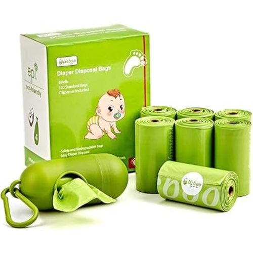 Baby Disposable Diaper Bags, Waste Bags 8 Refill Rolls/120 Bags with Dispenser, Convenient and Quick Diaper Disposal, Unscented