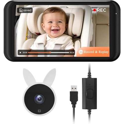 Babyvue Baby Car Camera with Video Recording & Playback, HD 1080P Rear Facing Baby Car Monitor, 4.5" Display with Auto Night Vision, USB Plug & Play Car Seat Camera for Infants, BV2MAX White