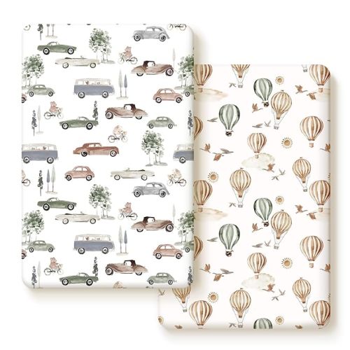 Pack n Play Sheets FItted 2 Pack, Stretchy Ultra Soft Jersey Knit Pack and Play Sheets, Universal Fitted Portable/Mini Crib Mattresses Snug and Safe, Stylish Cars Print for Boys and Girls - Cars and Balloons