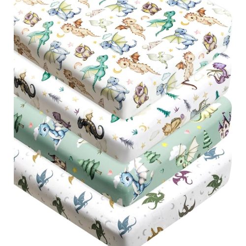 4 Pack Dragon Crib Sheets Neutral Unisex Fitted Nursery Baby Sheet Set Toddler Mattress Newborn Bedding Sheets for Baby Boys or Girls (Bassinet)