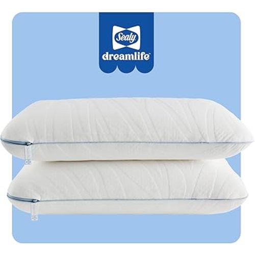 SEALY Dreamlife Queen Size Memory Foam Cooling Surface Guard Technology, Removable Machine-Washable Cover, 1 Year Warranty, White (2 Pack) Pillow, 2 Count