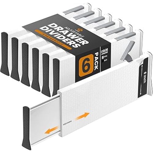 RAPTUROUS Adjustable Drawer Dividers, 6" Tall, Expandable 13-22", 6-Pack, Non-Slip for Deep Drawers in Kitchen, Bedroom, Office, and Nursery (White)