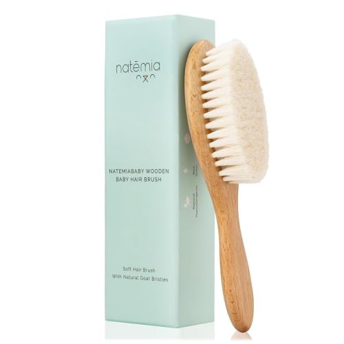Natemia Wooden Baby Hair Brush - Natural Goat Hair Bristles - Gentle Soft Bristles for Scalp Massage - Cradle Cap Comb for Flake Removal - For Baby Grooming Kit & Toddler Hair Brush