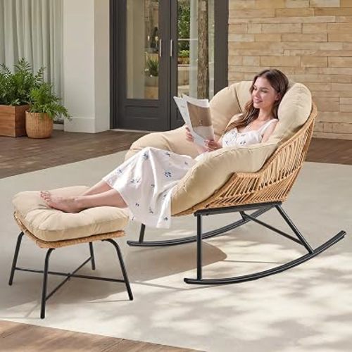ONBRILL Papasan Rocking Chair with Ottoman, Oversized Papasan Chair, Beige