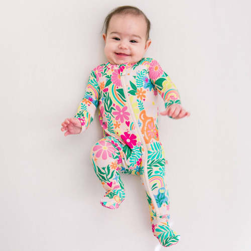 Rainbow Daisy Babe | Bamboo Footie Onesie Sleeper | "Patience & Kindness" | Thermo-Regulating, Double Zipper, 4-Way Stretch