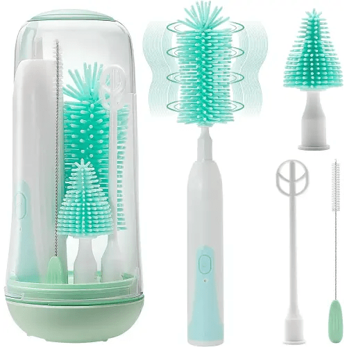 Electric Bottle Brush Cleaner, Rechargable Electric Baby Bottle Brush for Travel, Waterproof Electric Bottle Cleaner Set with Nipple & Straw Brush, Perfect Essentials Gift for Mom After Birth, Green