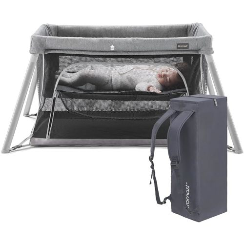 Gromast Travel Crib for Toddler, 2 in 1 Portable Crib for Baby Travel, Lightweight Playpen Foldable Playard with Soft Mattress, Easy to Carry Baby Travel Bed for Outdoor,Indoor (Grey)