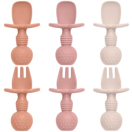 Eascrozn 6 Pack Baby Spoons and Forks Set, Silicone Baby Spoons Self Feeding 6 Months for Toddler Utensils,BPA Free, Baby Led Weaning Supplies Feeding Essentials,Dishwasher and Boil Safe