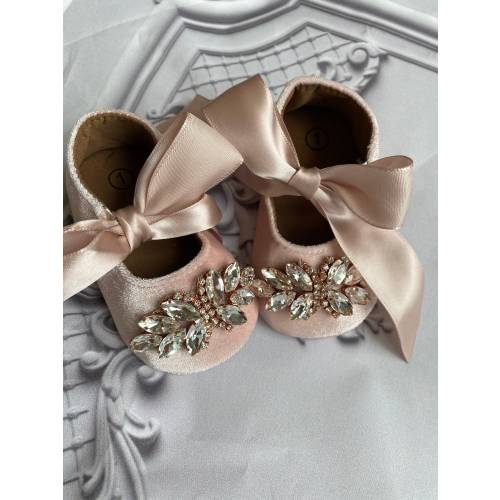 Pink Velvet Baby Shoes: Rose Gold Rhinestone Crib Shoes
