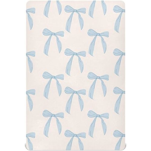 Fitted Crib Sheets Coquette Bows Cute Blue Stretchy Portable Playard Sheets for Baby Toddler, Breathable Soft Mini Crib Mattress 39 x 27 in for Boys and Girls