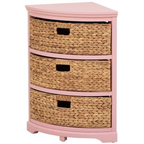 Ehemco 3 Tier X-side Corner Table End Table With 3 Natural Water Hyacinth Wicker Baskets, Pink