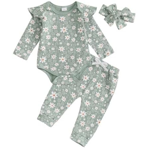 Newborn Baby Girl Outfits Flower Ribbed Ruffle Long Sleeve Romper Pant Headband 3Pcs Infant Fall Winter Clothes Set