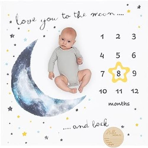 Pondering Pine Organic Baby Monthly Milestone Blanket for Boy or Girl - Moon Baby Month Blanket for Boys - Love You to The Moon and Back Blanket with Stars, 1-12 Months Milestones, 47”x47”