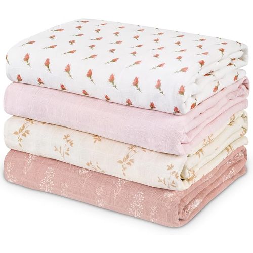 Muslin Swaddle Blankets for Newborn, 4 Pack Organic Cotton Baby Blankets for Girls, Large 31.5 x 43.3 Breathable Soft Receiving Blanket, Essentials Swaddle Wrap Burping Clothes, Flowers