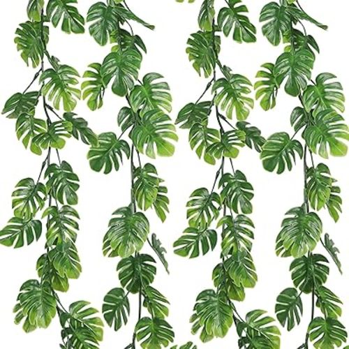 RECUTMS 4Pcs Artificial Monstera Leaves Vines, 5.9FT Fake Hanging Plant Ivy Faux Tropical Palm Leaf Greenery Garland for Garden Porch Patio Jungle Luau Beach Birthday Party Indoor Outdoor Spring Décor