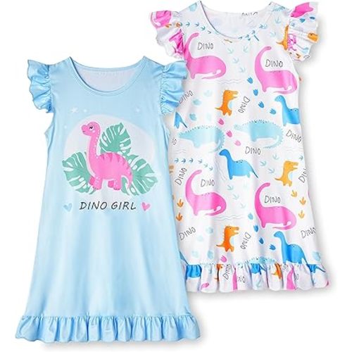LQSZ 2Pcs Girls Nightgowns 3-10 Years Flutter Short Sleeves Nightdress Nightie Dress Sleepwear Pajamas for Little Girls
