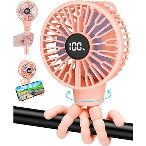 ECLIP Portable Stroller Fan, LED Display, 4 Speeds, Flexible Tripod Clip On Fan Blow Cold Air, 30dB Quiet Handheld Desk Cooling Baby Fan for Car Seat Crib Bike Treadmill (3 Inches Pink)