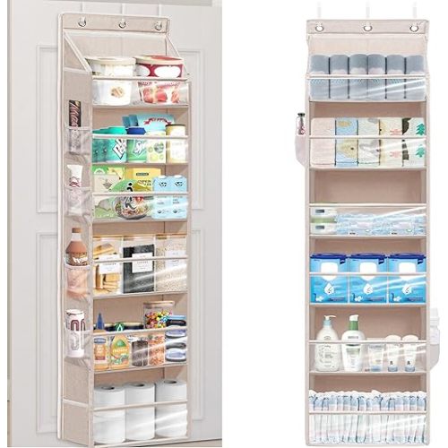 Over Door Organizer with 6 Extra Large Pockets 12 Side Pockets, 2-Pack Sturdy Closet Rack, Hanging Storage Organizer with Clear Window for Shoes, Diapers, Toys, Bedroom, Bathroom, Beige