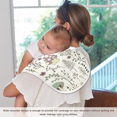 Moudou Mushroom Muslin Baby Burp Cloths 4 Pack, Super Absorbent Soft Cotton Burping Rags Feeding Bibs for Newborn Boys Girls - 22 x 11 Inch x 4 Pack