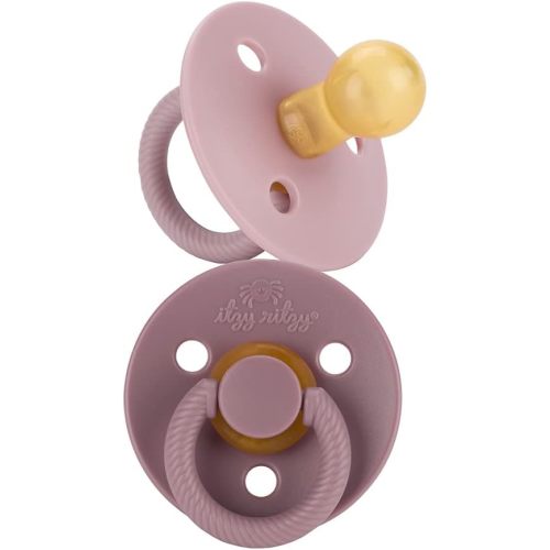 Itzy Ritzy Natural Rubber Pacifiers, Set of 2 – Natural Rubber Newborn Pacifiers with Cherry-Shaped Nipple & Large Air Holes for Added Safety; Set of 2 in Orchid & Lilac, Ages 0 – 6 Months