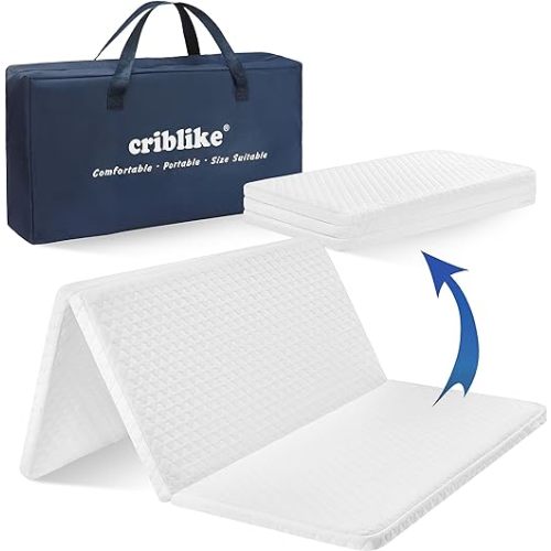 Criblike Trifold Pack and Play Mattress, Waterproof Playpen Mattress, Portable Crib Mattress Topper, with Soft Washable Cover, 38’’x26’’x1’’
